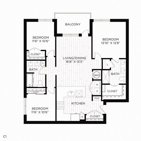Floor plan for 3 beds, 2 baths, 1315 sqft